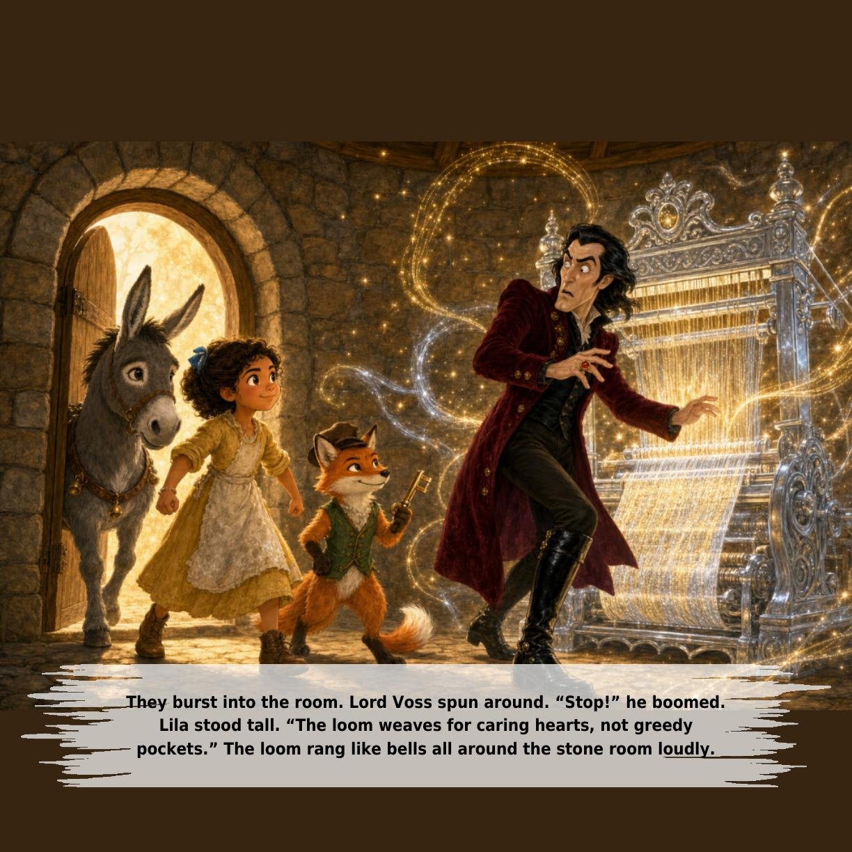 They burst into the room. Lord Voss spun around. “Stop!” he boomed.
Lila stood tall. “The loom weaves for caring hearts, not greedy
pockets.” The loom rang like bells all around the stone room loudly.