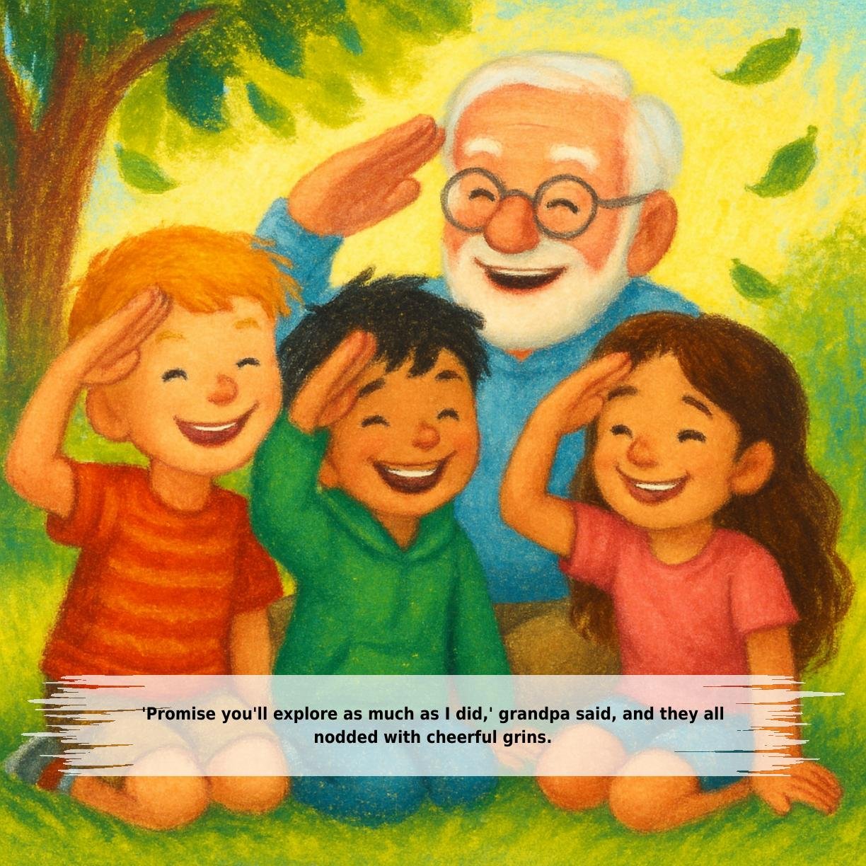 'Promise you'll explore as much as I did,' grandpa said, and they all
nodded with cheerful grins.