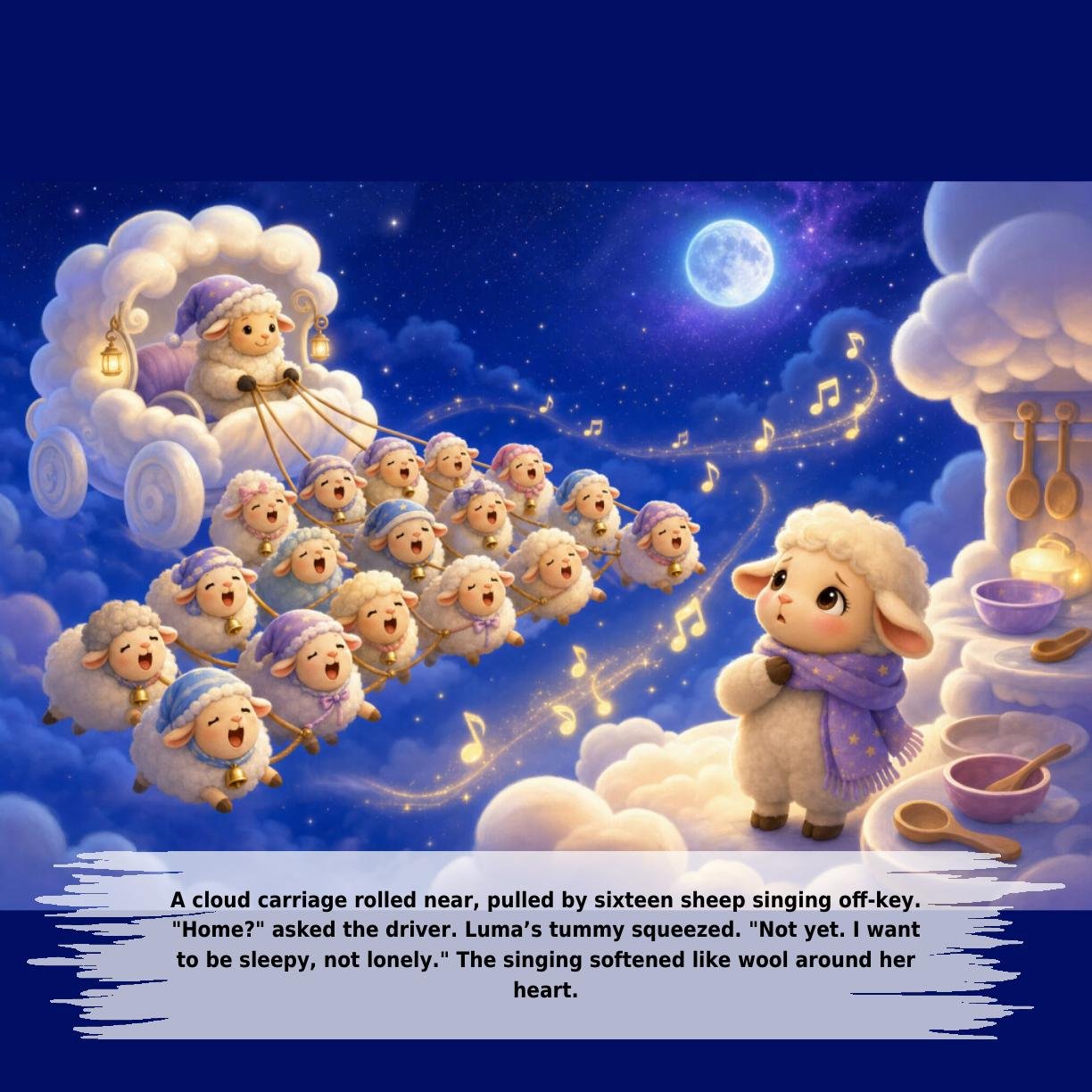 A cloud carriage rolled near, pulled by sixteen sheep singing off-key.
"Home?" asked the driver. Luma’s tummy squeezed. "Not yet. I want
to be sleepy, not lonely." The singing softened like wool around her
heart.