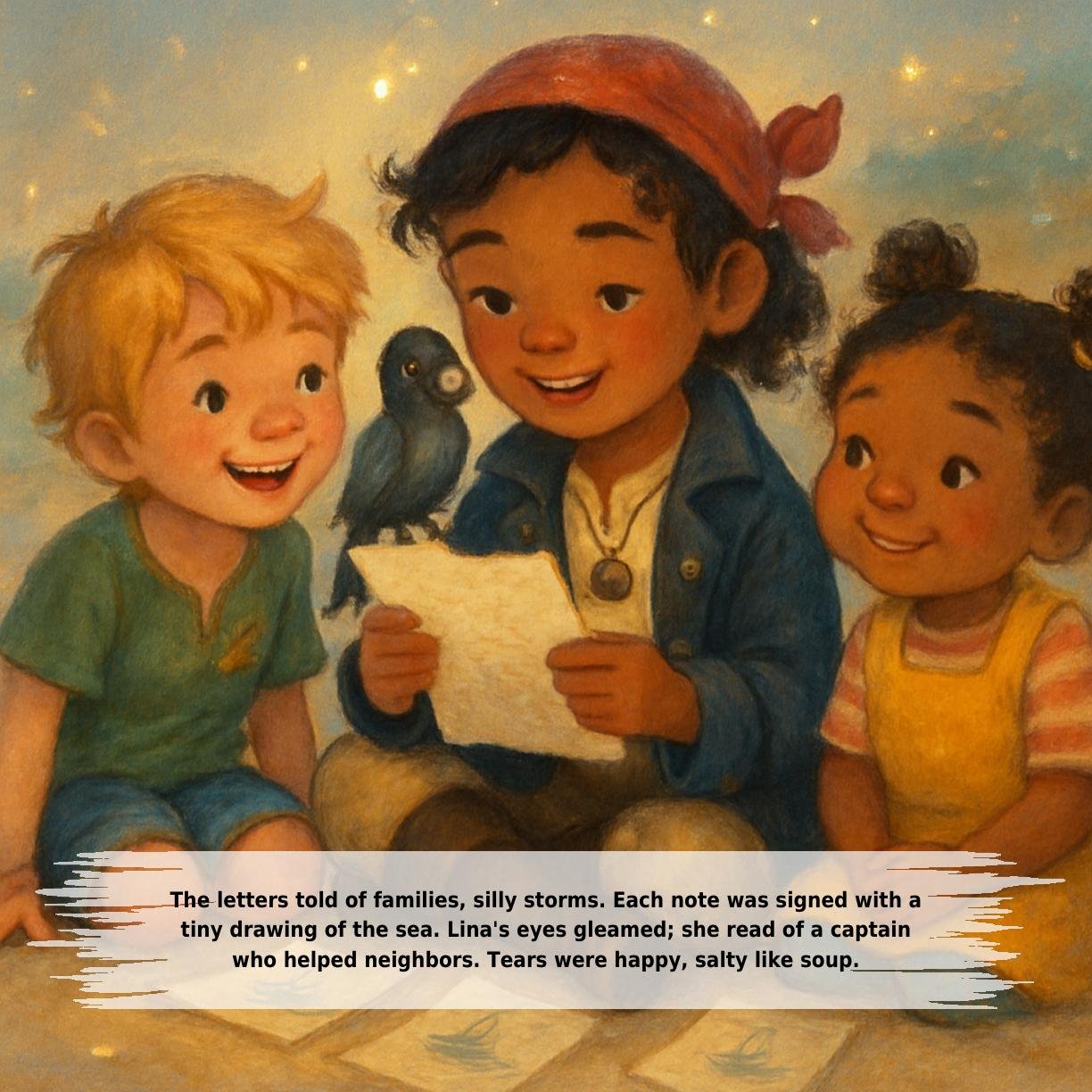 The letters told of families, silly storms. Each note was signed with a
tiny drawing of the sea. Lina's eyes gleamed; she read of a captain
who helped neighbors. Tears were happy, salty like soup.