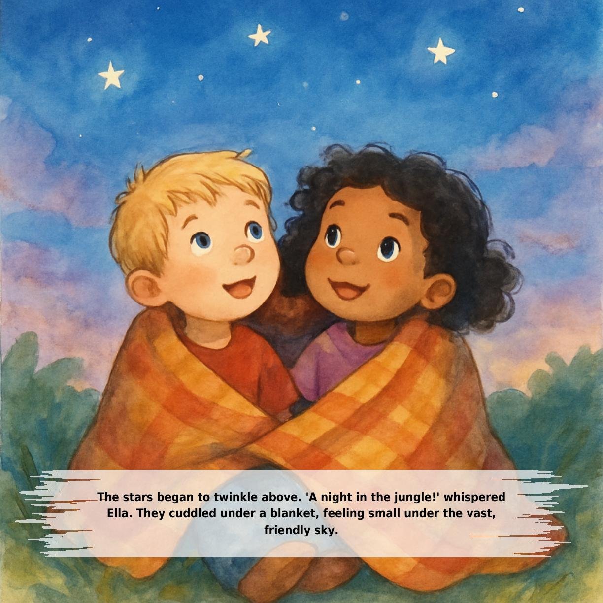 The stars began to twinkle above. 'A night in the jungle!' whispered
Ella. They cuddled under a blanket, feeling small under the vast,
friendly sky.