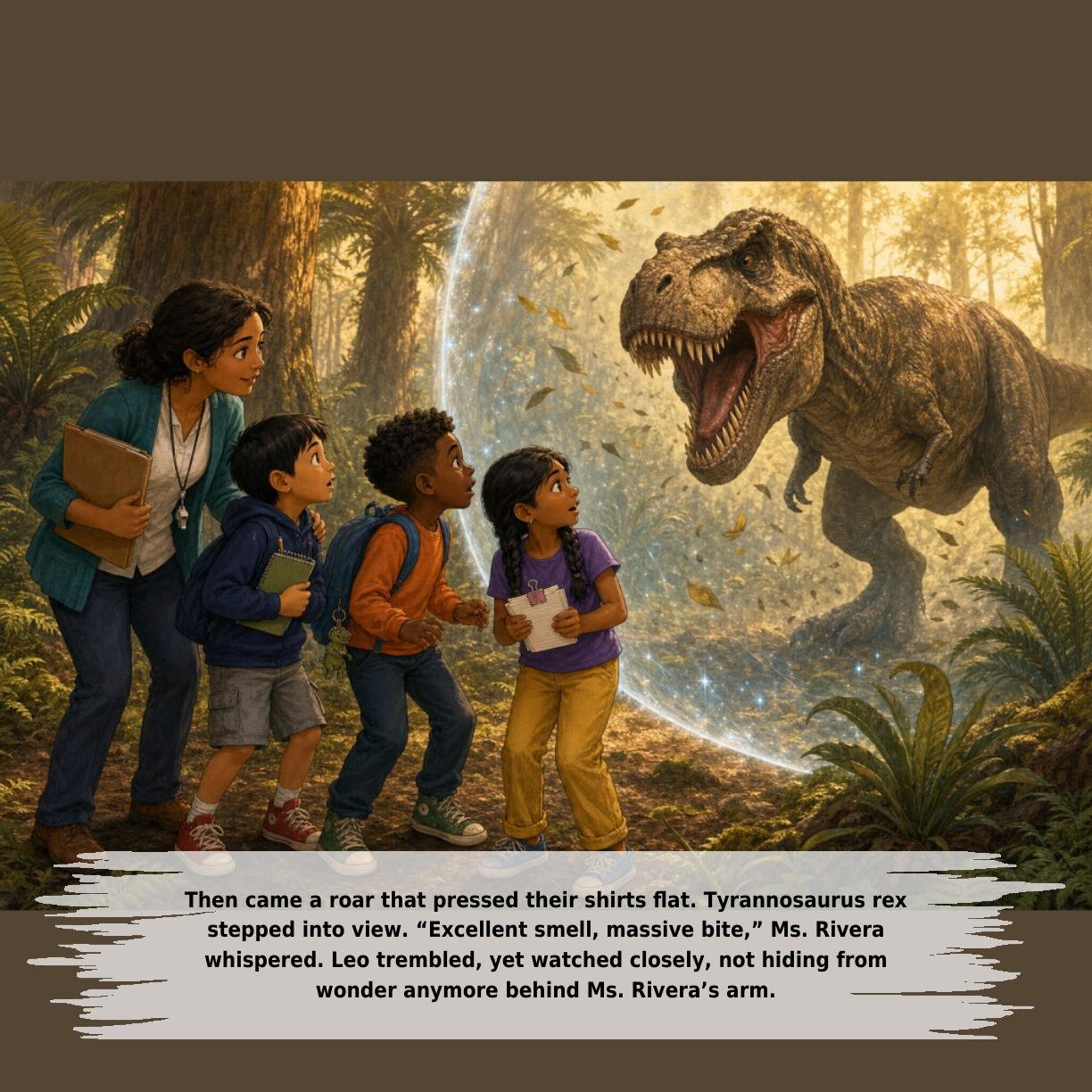 Then came a roar that pressed their shirts flat. Tyrannosaurus rex
stepped into view. “Excellent smell, massive bite,” Ms. Rivera
whispered. Leo trembled, yet watched closely, not hiding from
wonder anymore behind Ms. Rivera’s arm.