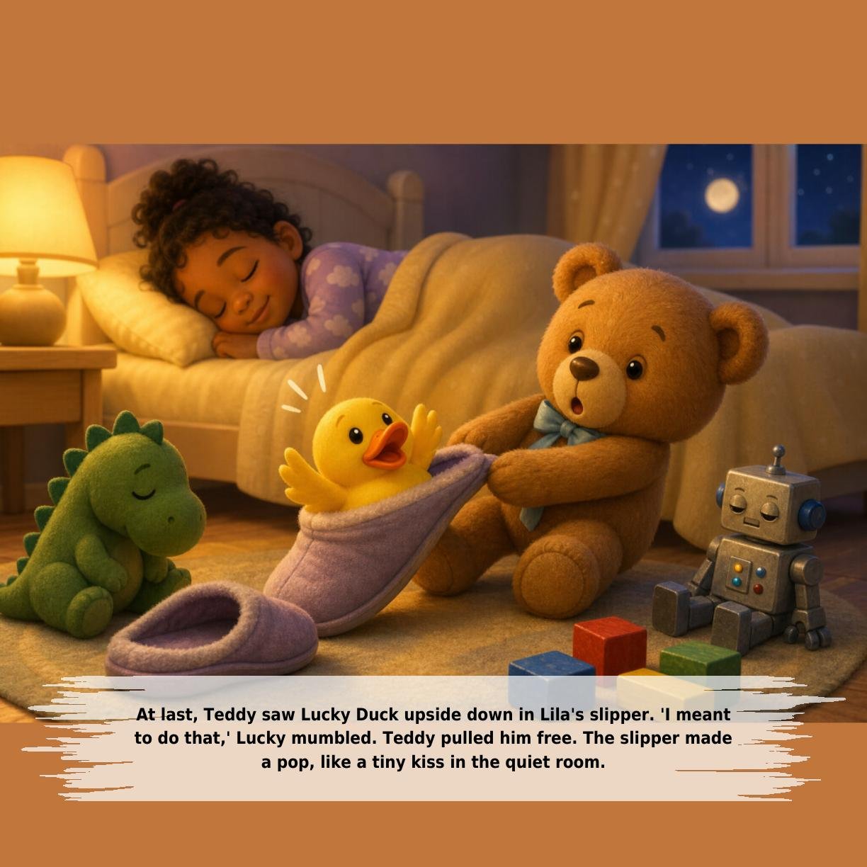 At last, Teddy saw Lucky Duck upside down in Lila's slipper. 'I meant
to do that,' Lucky mumbled. Teddy pulled him free. The slipper made
a pop, like a tiny kiss in the quiet room.