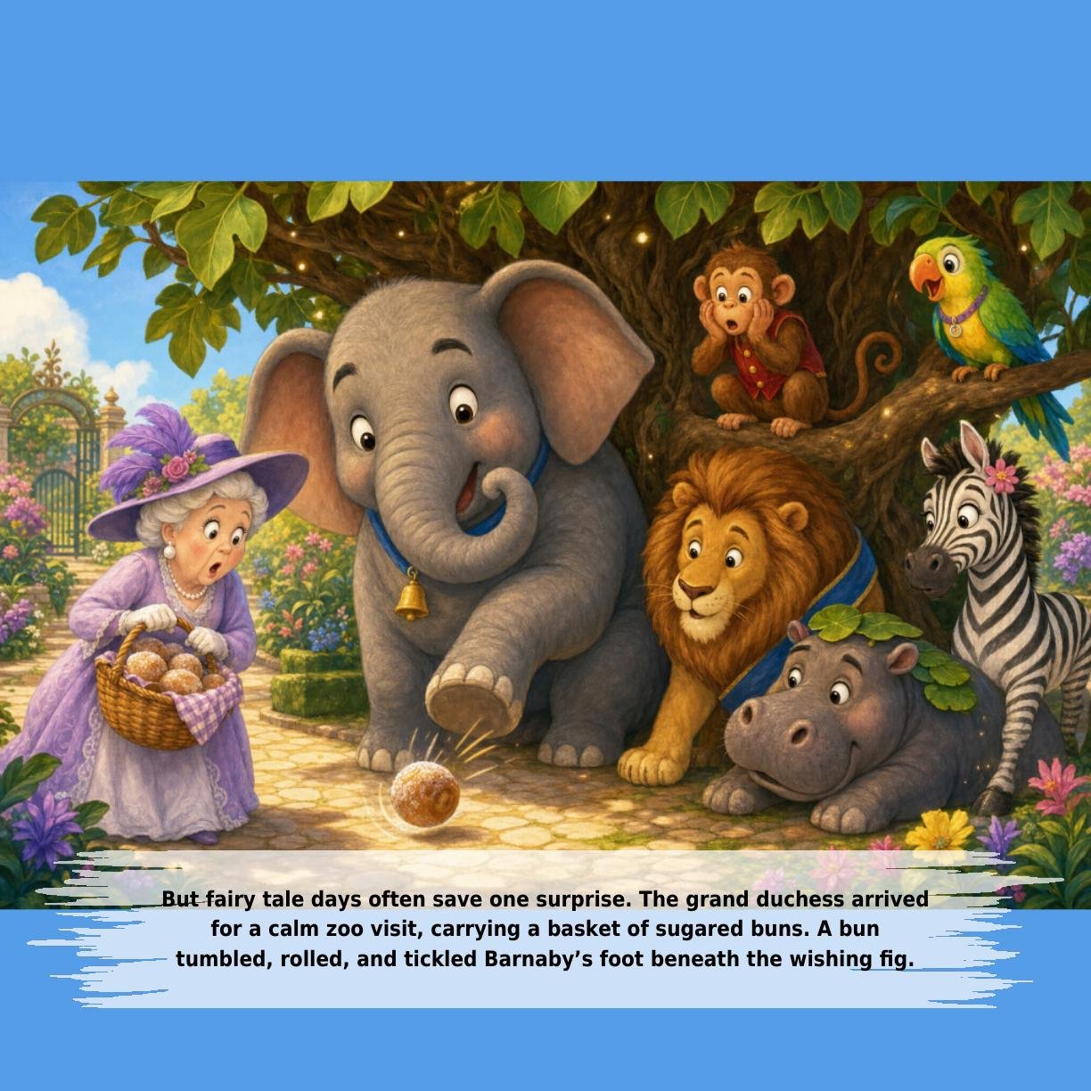 But fairy tale days often save one surprise. The grand duchess arrived
for a calm zoo visit, carrying a basket of sugared buns. A bun
tumbled, rolled, and tickled Barnaby’s foot beneath the wishing fig.