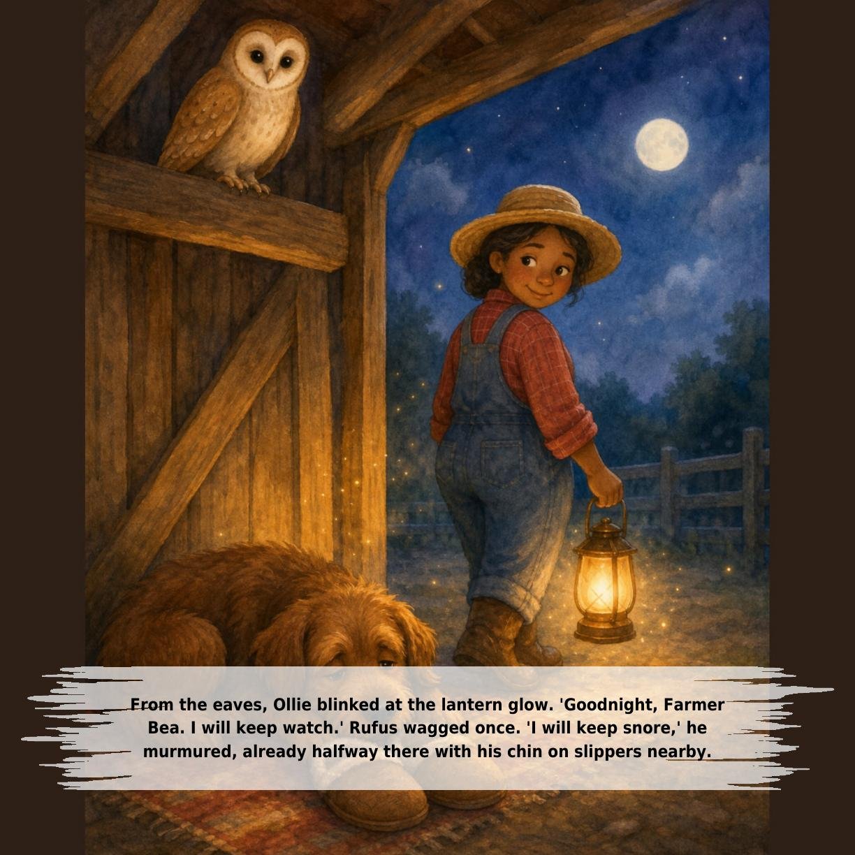 From the eaves, Ollie blinked at the lantern glow. 'Goodnight, Farmer
Bea. I will keep watch.' Rufus wagged once. 'I will keep snore,' he
murmured, already halfway there with his chin on slippers nearby.