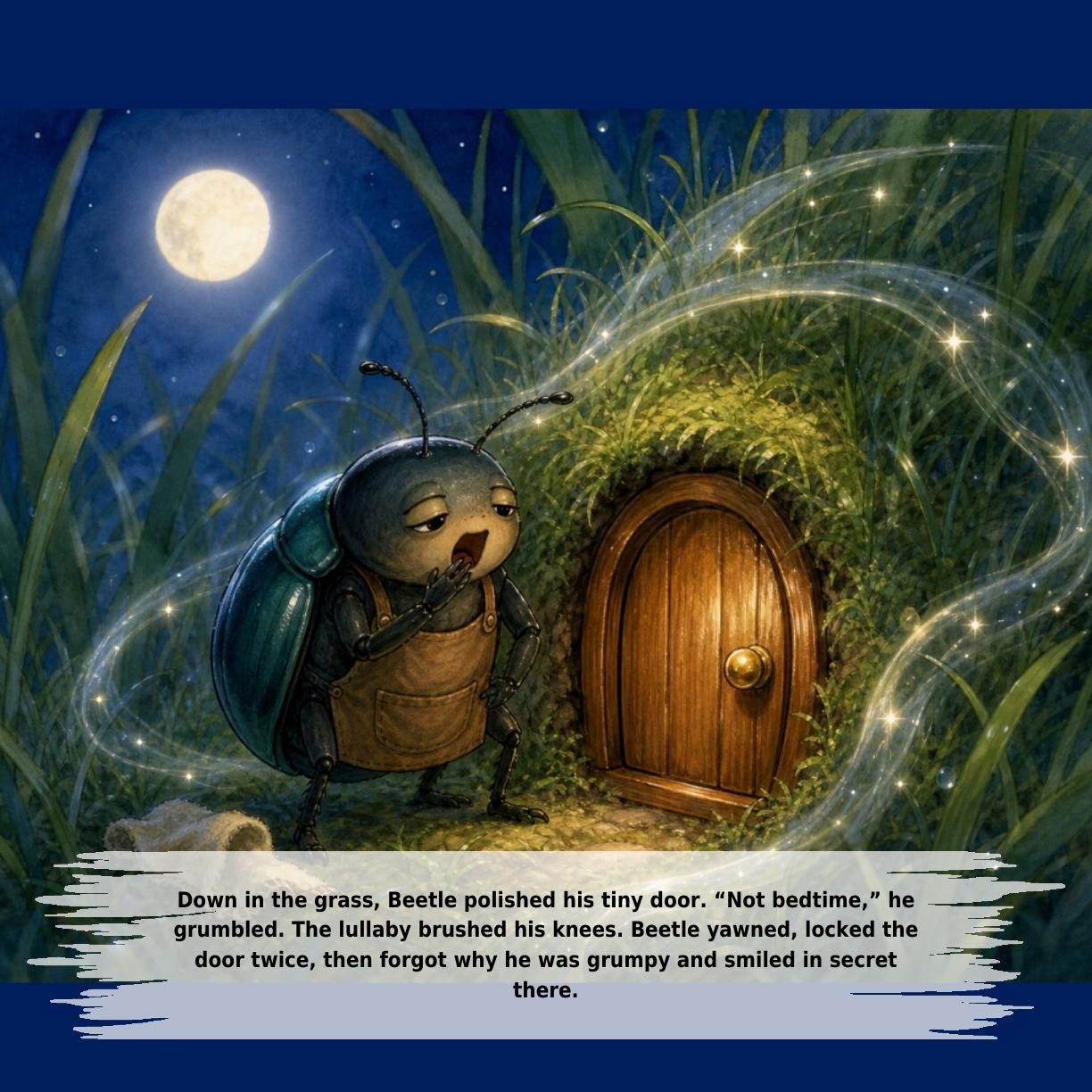 Down in the grass, Beetle polished his tiny door. “Not bedtime,” he
grumbled. The lullaby brushed his knees. Beetle yawned, locked the
door twice, then forgot why he was grumpy and smiled in secret
there.