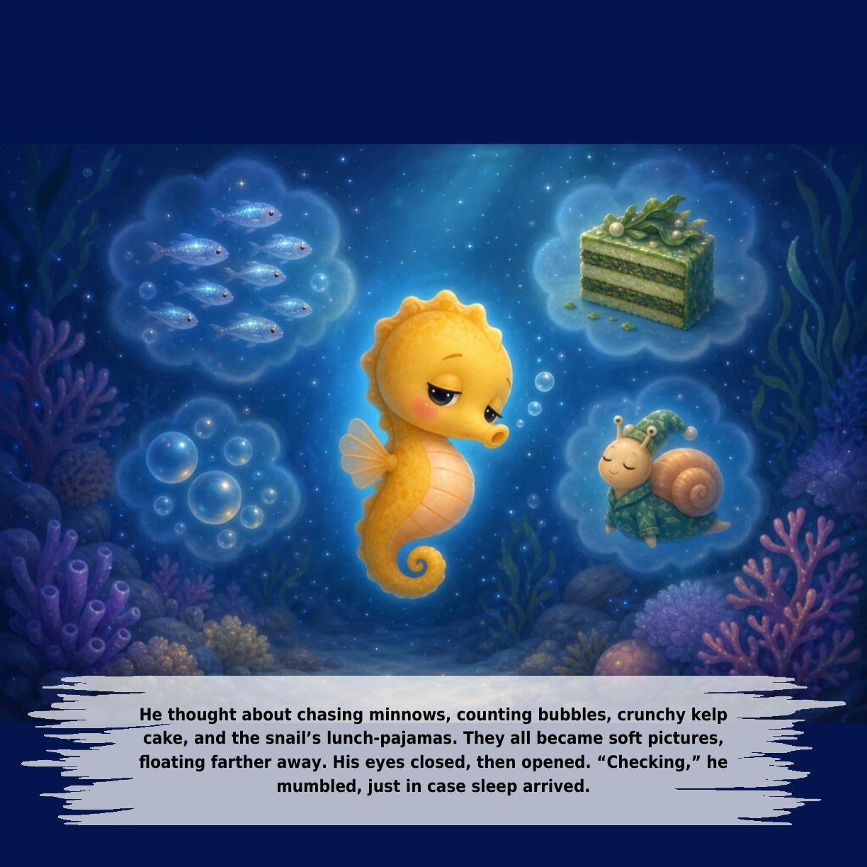 He thought about chasing minnows, counting bubbles, crunchy kelp
cake, and the snail’s lunch-pajamas. They all became soft pictures,
floating farther away. His eyes closed, then opened. “Checking,” he
mumbled, just in case sleep arrived.