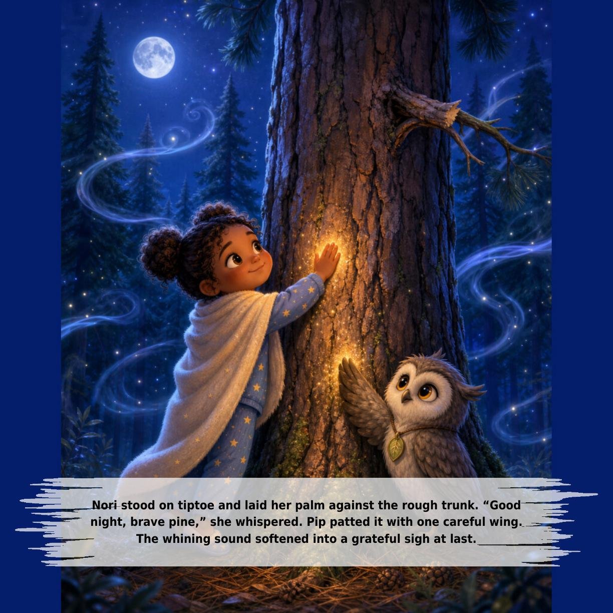 Nori stood on tiptoe and laid her palm against the rough trunk. “Good
night, brave pine,” she whispered. Pip patted it with one careful wing.
The whining sound softened into a grateful sigh at last.