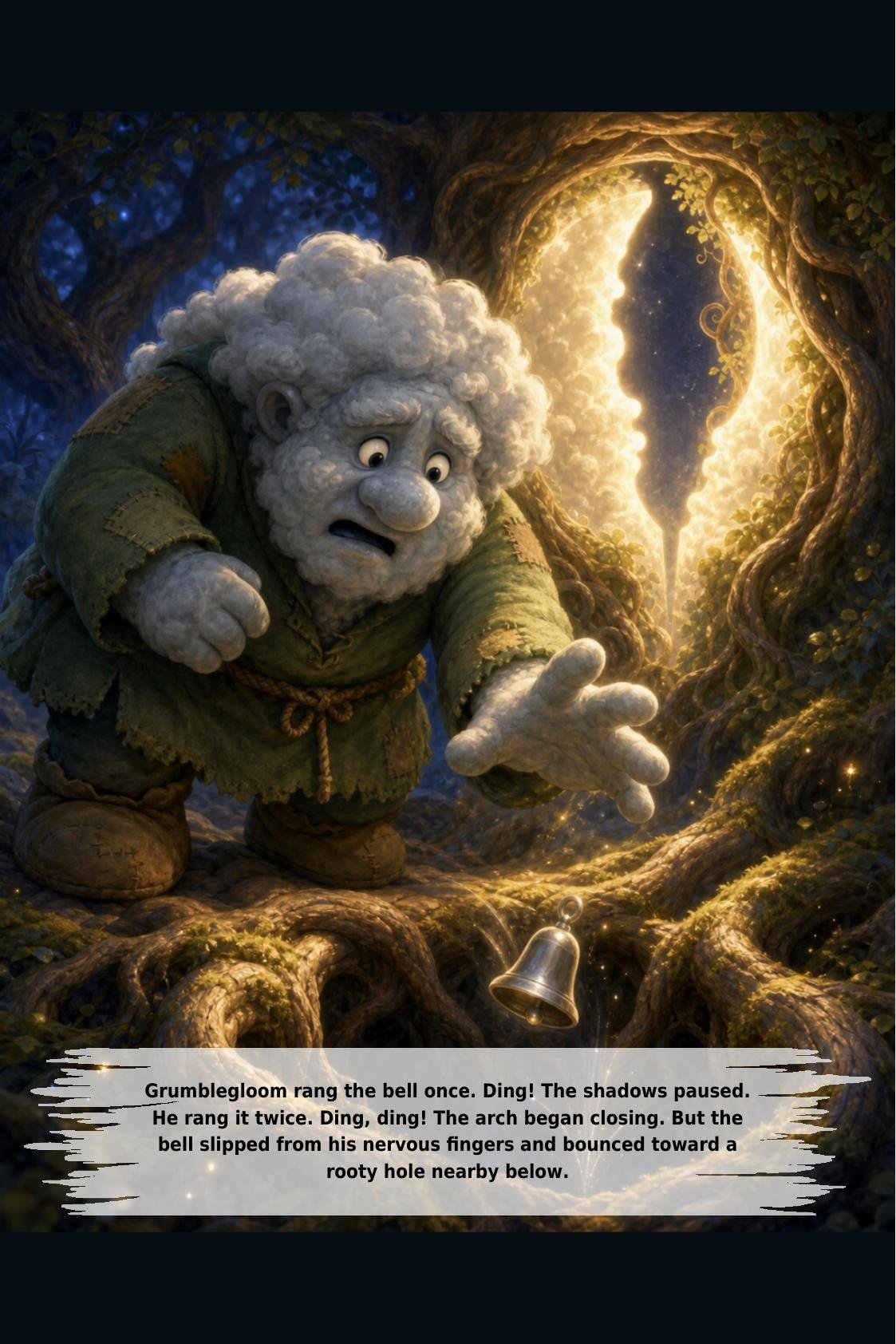 Grumblegloom rang the bell once. Ding! The shadows paused.
He rang it twice. Ding, ding! The arch began closing. But the
bell slipped from his nervous fingers and bounced toward a
rooty hole nearby below.