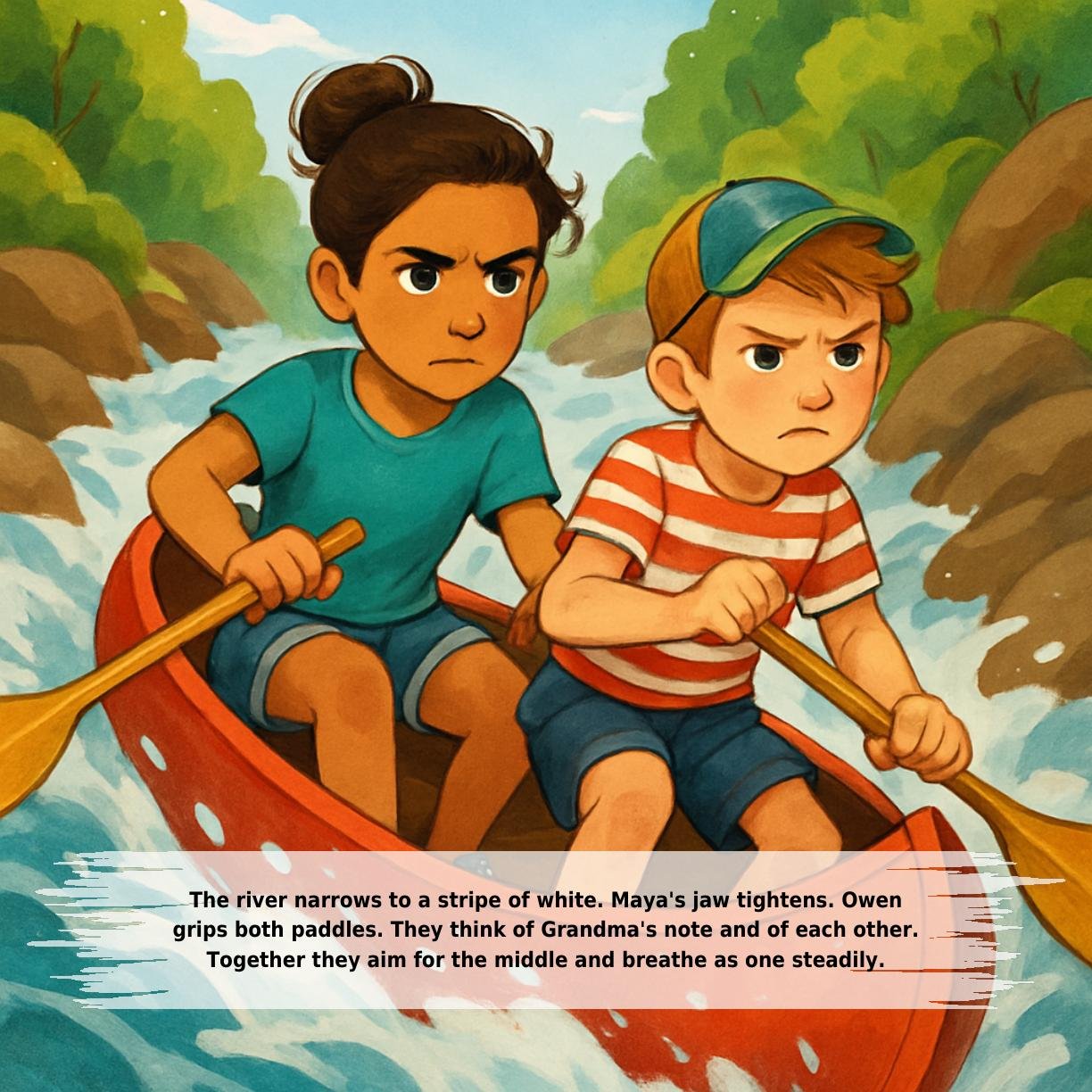 The river narrows to a stripe of white. Maya's jaw tightens. Owen
grips both paddles. They think of Grandma's note and of each other.
Together they aim for the middle and breathe as one steadily.