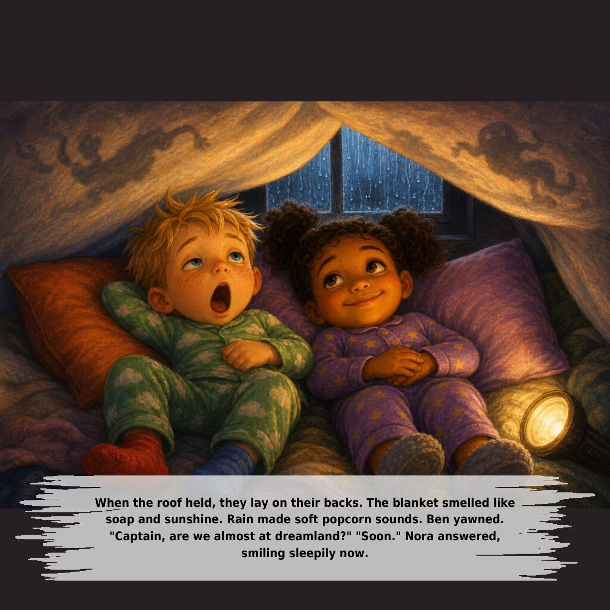 When the roof held, they lay on their backs. The blanket smelled like
soap and sunshine. Rain made soft popcorn sounds. Ben yawned.
"Captain, are we almost at dreamland?" "Soon." Nora answered,
smiling sleepily now.