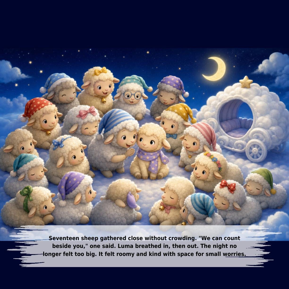 Seventeen sheep gathered close without crowding. "We can count
beside you," one said. Luma breathed in, then out. The night no
longer felt too big. It felt roomy and kind with space for small worries.