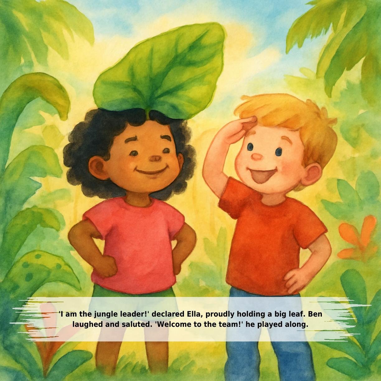 'I am the jungle leader!' declared Ella, proudly holding a big leaf. Ben
laughed and saluted. 'Welcome to the team!' he played along.