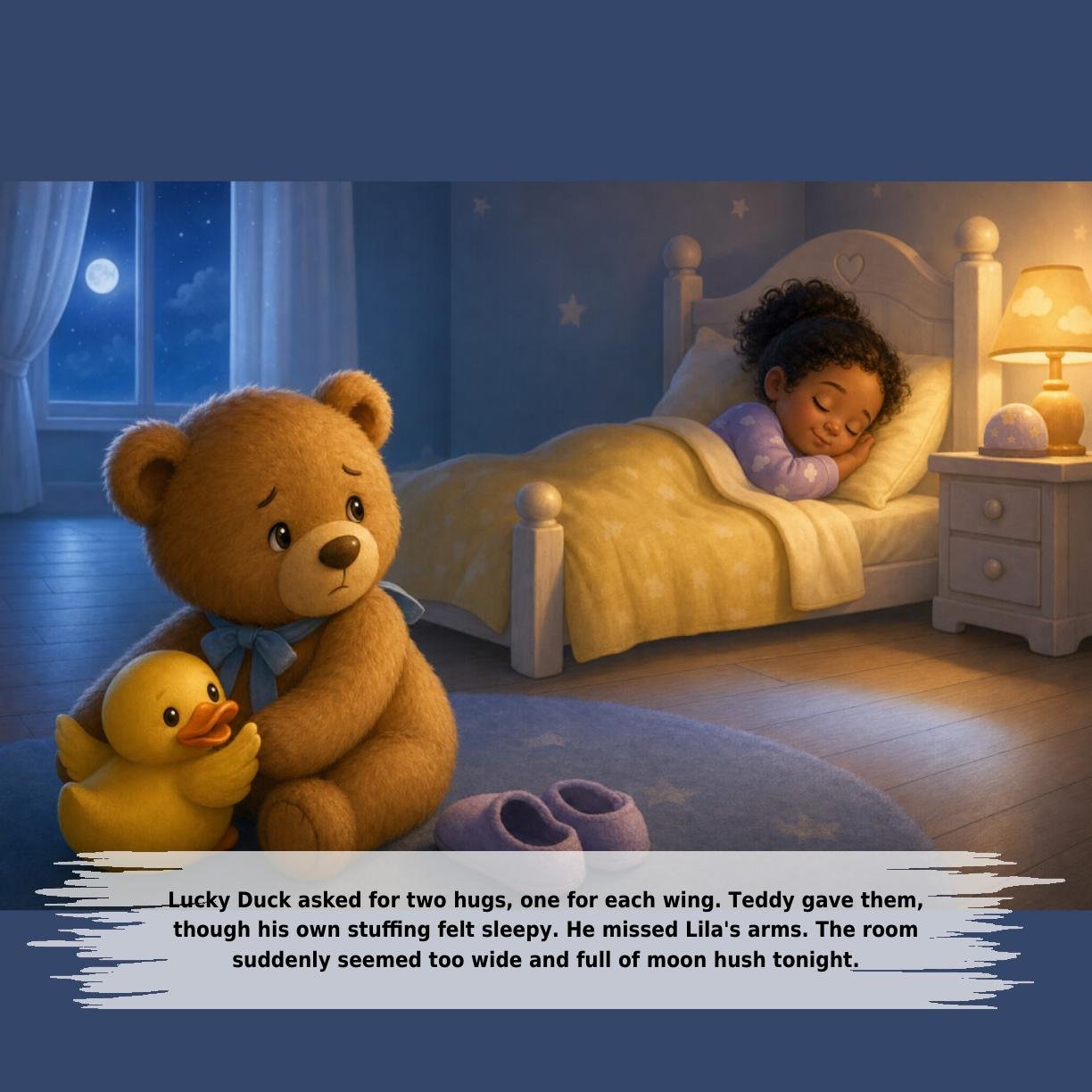 Lucky Duck asked for two hugs, one for each wing. Teddy gave them,
though his own stuffing felt sleepy. He missed Lila's arms. The room
suddenly seemed too wide and full of moon hush tonight.