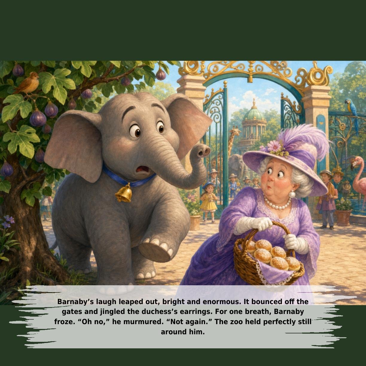 Barnaby’s laugh leaped out, bright and enormous. It bounced off the
gates and jingled the duchess’s earrings. For one breath, Barnaby
froze. “Oh no,” he murmured. “Not again.” The zoo held perfectly still
around him.