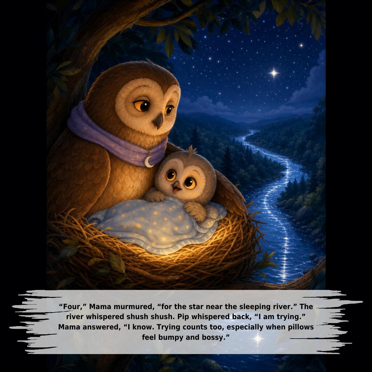 “Four,” Mama murmured, “for the star near the sleeping river.” The
river whispered shush shush. Pip whispered back, “I am trying.”
Mama answered, “I know. Trying counts too, especially when pillows
feel bumpy and bossy.”