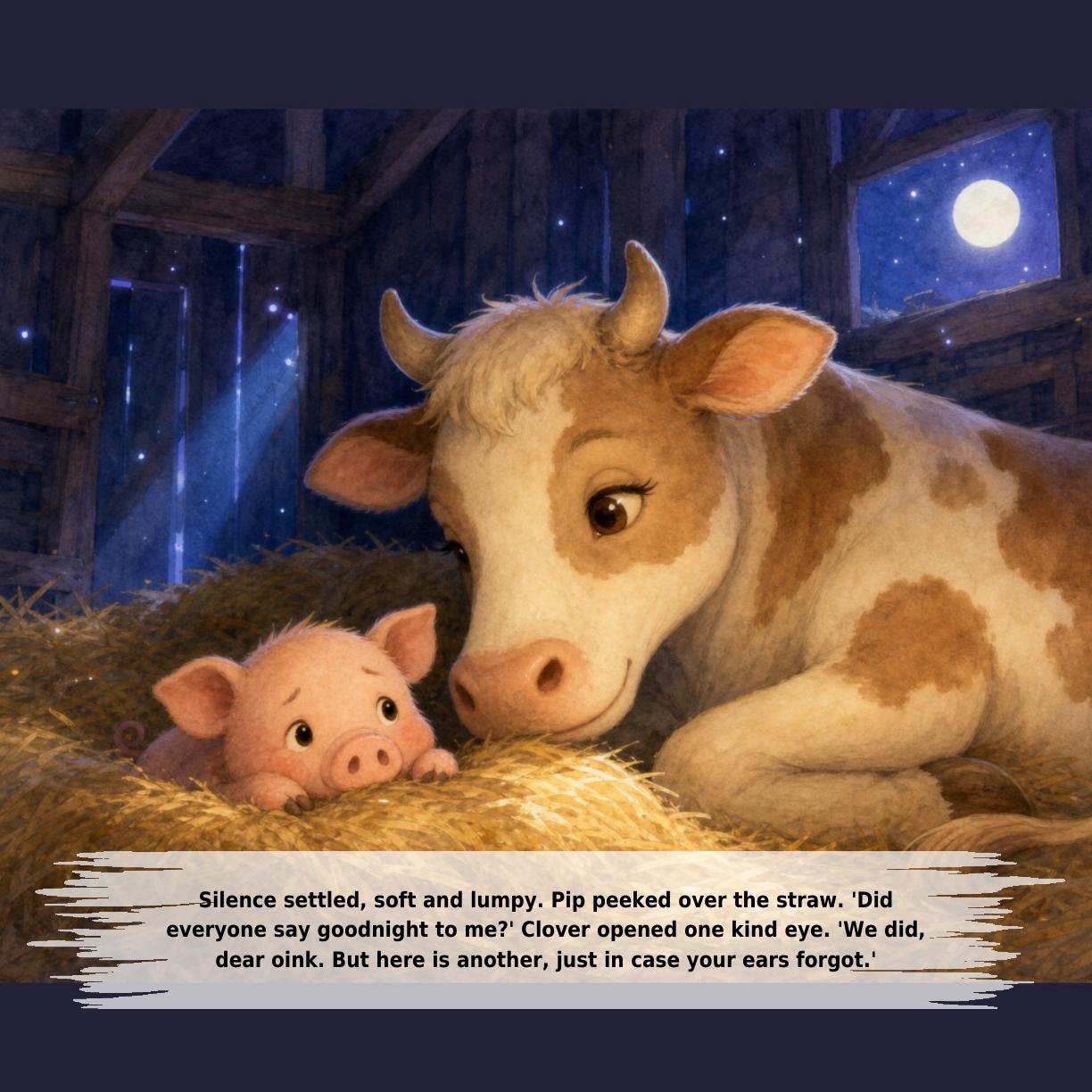 Silence settled, soft and lumpy. Pip peeked over the straw. 'Did
everyone say goodnight to me?' Clover opened one kind eye. 'We did,
dear oink. But here is another, just in case your ears forgot.'