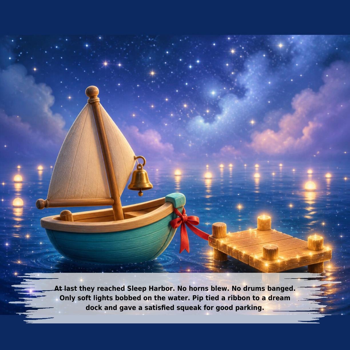 At last they reached Sleep Harbor. No horns blew. No drums banged.
Only soft lights bobbed on the water. Pip tied a ribbon to a dream
dock and gave a satisfied squeak for good parking.