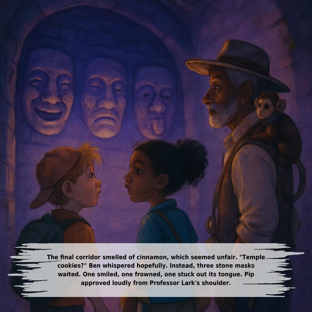 The final corridor smelled of cinnamon, which seemed unfair. "Temple
cookies?" Ben whispered hopefully. Instead, three stone masks
waited. One smiled, one frowned, one stuck out its tongue. Pip
approved loudly from Professor Lark's shoulder.