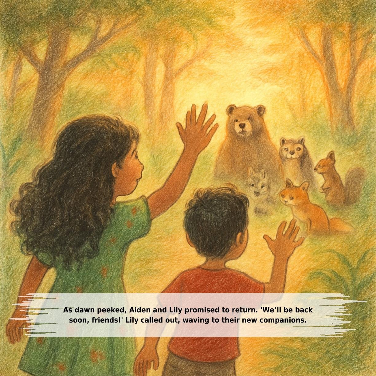 As dawn peeked, Aiden and Lily promised to return. 'We’ll be back
soon, friends!' Lily called out, waving to their new companions.