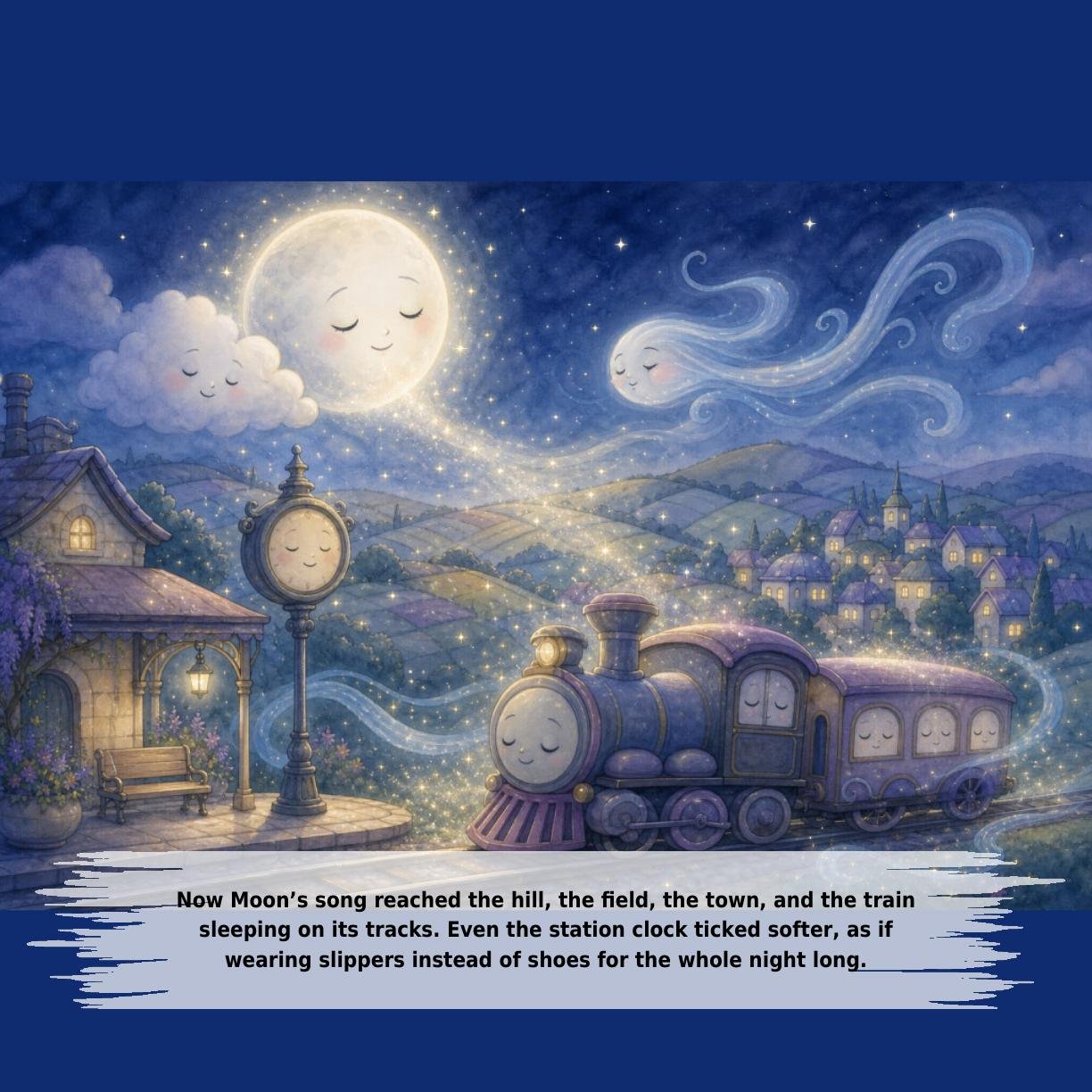 Now Moon’s song reached the hill, the field, the town, and the train
sleeping on its tracks. Even the station clock ticked softer, as if
wearing slippers instead of shoes for the whole night long.