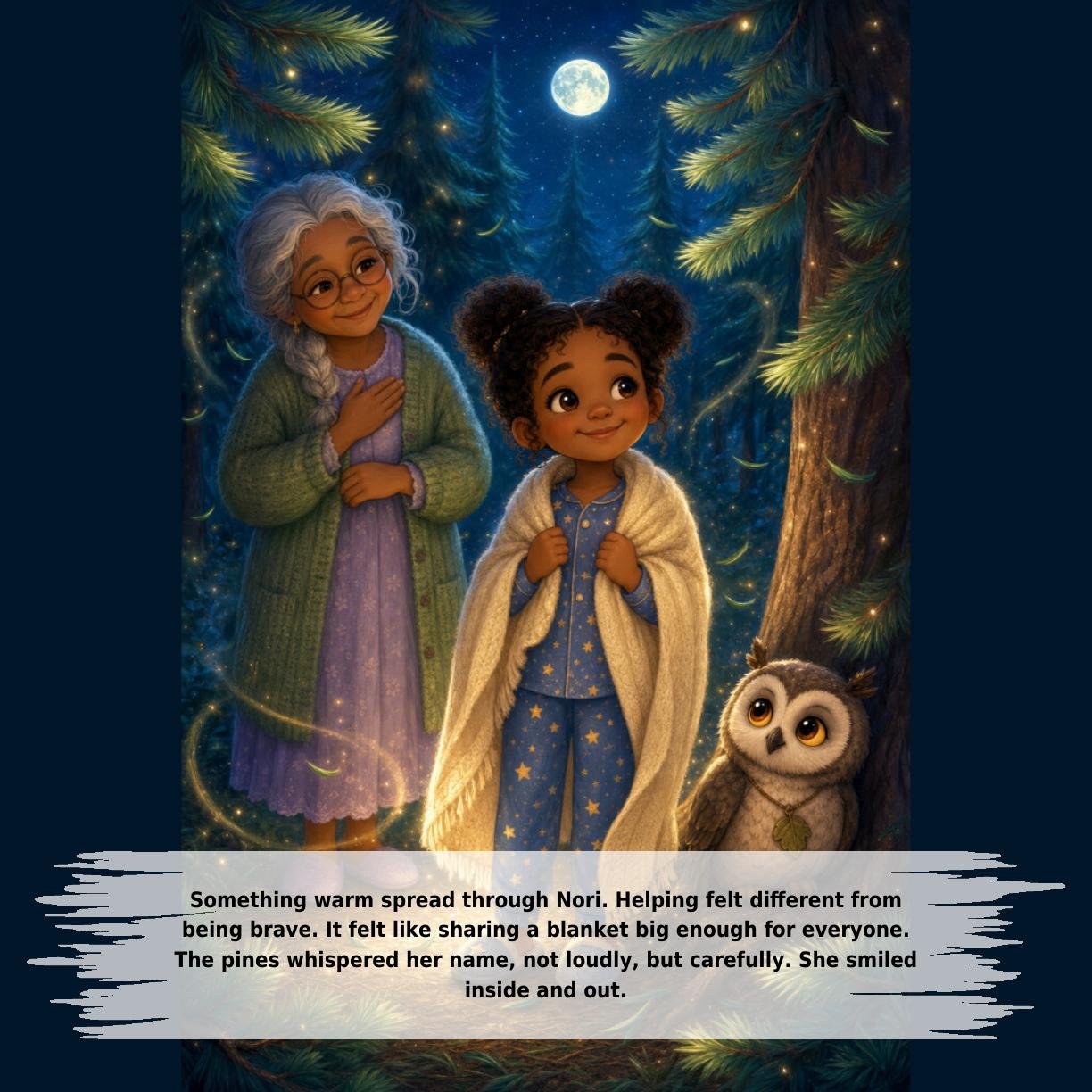 Something warm spread through Nori. Helping felt different from
being brave. It felt like sharing a blanket big enough for everyone.
The pines whispered her name, not loudly, but carefully. She smiled
inside and out.