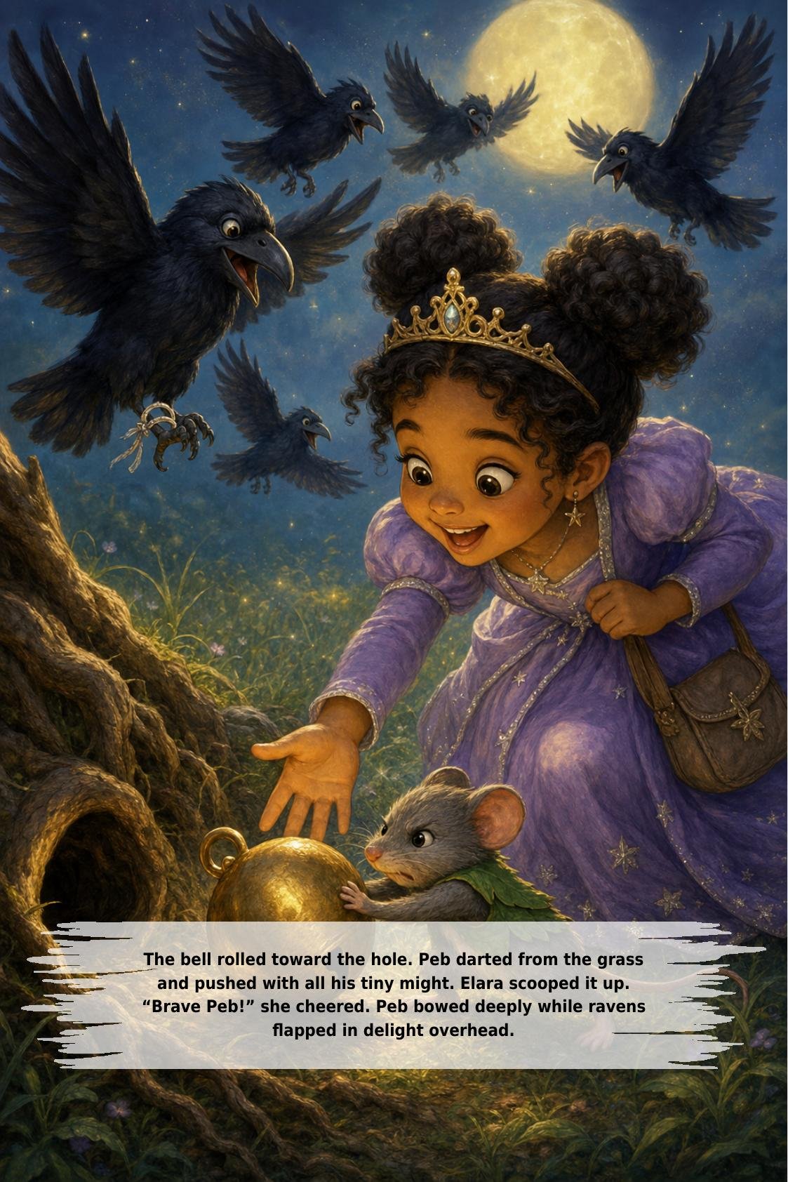 The bell rolled toward the hole. Peb darted from the grass
and pushed with all his tiny might. Elara scooped it up.
“Brave Peb!” she cheered. Peb bowed deeply while ravens
flapped in delight overhead.