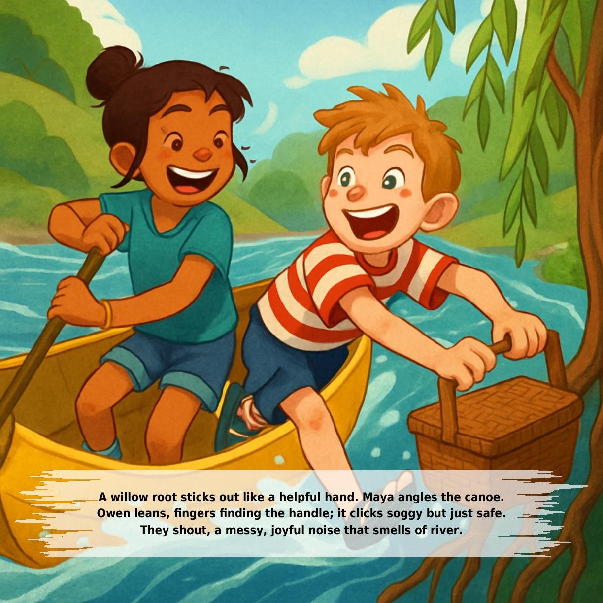A willow root sticks out like a helpful hand. Maya angles the canoe.
Owen leans, fingers finding the handle; it clicks soggy but just safe.
They shout, a messy, joyful noise that smells of river.