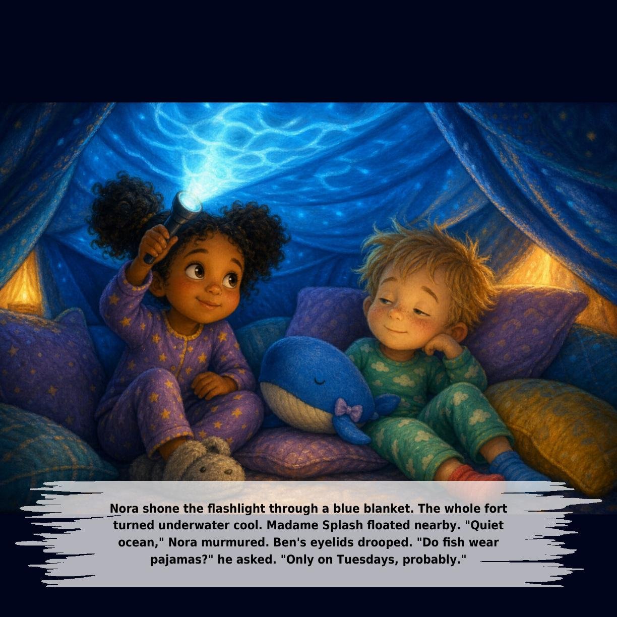 Nora shone the flashlight through a blue blanket. The whole fort
turned underwater cool. Madame Splash floated nearby. "Quiet
ocean," Nora murmured. Ben's eyelids drooped. "Do fish wear
pajamas?" he asked. "Only on Tuesdays, probably."