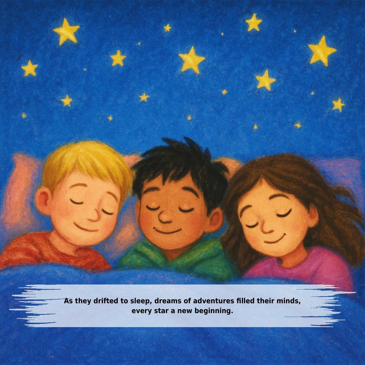 As they drifted to sleep, dreams of adventures filled their minds,
every star a new beginning.