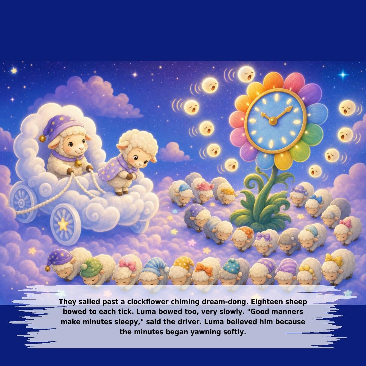 They sailed past a clockflower chiming dream-dong. Eighteen sheep
bowed to each tick. Luma bowed too, very slowly. "Good manners
make minutes sleepy," said the driver. Luma believed him because
the minutes began yawning softly.