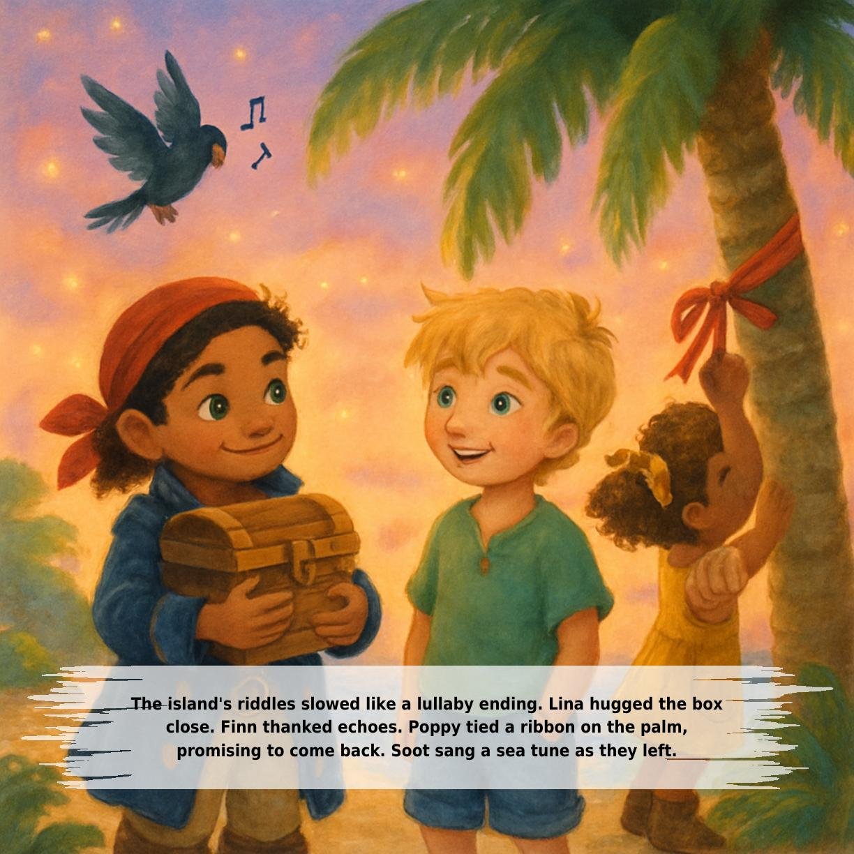 The island's riddles slowed like a lullaby ending. Lina hugged the box
close. Finn thanked echoes. Poppy tied a ribbon on the palm,
promising to come back. Soot sang a sea tune as they left.