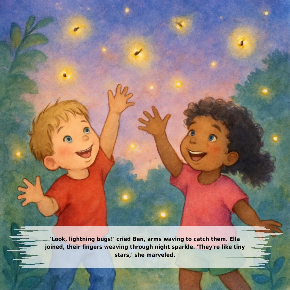 'Look, lightning bugs!' cried Ben, arms waving to catch them. Ella
joined, their fingers weaving through night sparkle. 'They're like tiny
stars,' she marveled.
