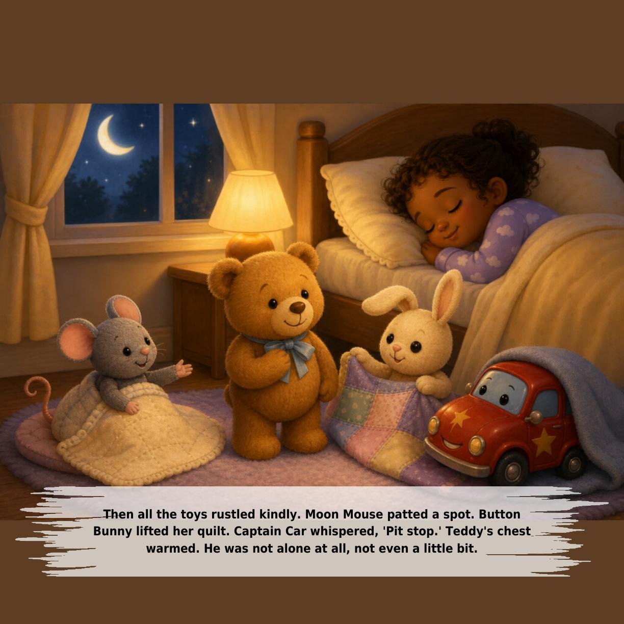 Then all the toys rustled kindly. Moon Mouse patted a spot. Button
Bunny lifted her quilt. Captain Car whispered, 'Pit stop.' Teddy's chest
warmed. He was not alone at all, not even a little bit.