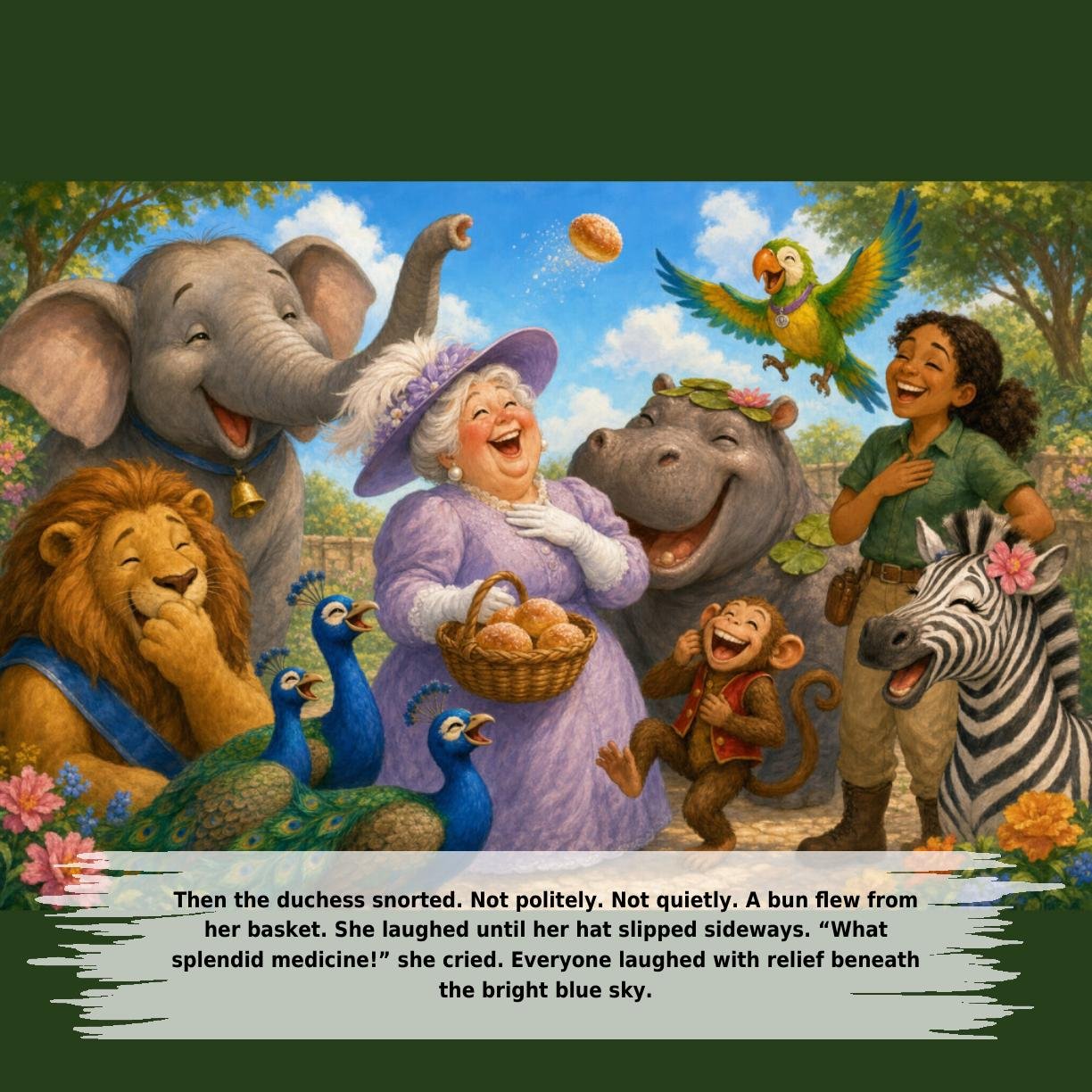 Then the duchess snorted. Not politely. Not quietly. A bun flew from
her basket. She laughed until her hat slipped sideways. “What
splendid medicine!” she cried. Everyone laughed with relief beneath
the bright blue sky.