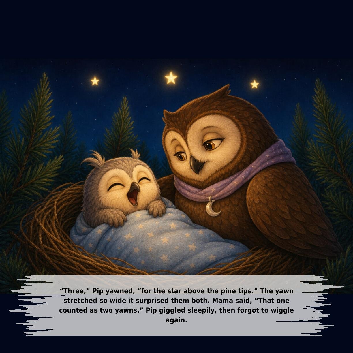 “Three,” Pip yawned, “for the star above the pine tips.” The yawn
stretched so wide it surprised them both. Mama said, “That one
counted as two yawns.” Pip giggled sleepily, then forgot to wiggle
again.
