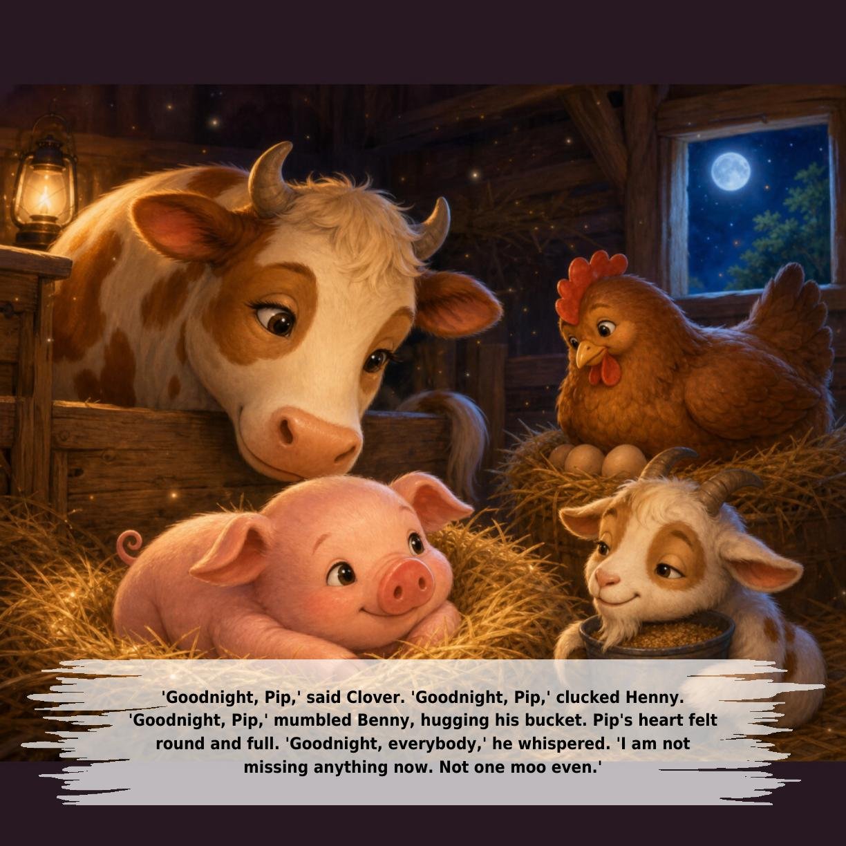 'Goodnight, Pip,' said Clover. 'Goodnight, Pip,' clucked Henny.
'Goodnight, Pip,' mumbled Benny, hugging his bucket. Pip's heart felt
round and full. 'Goodnight, everybody,' he whispered. 'I am not
missing anything now. Not one moo even.'