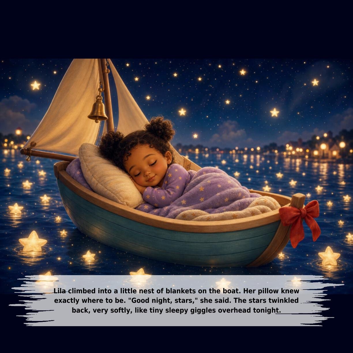 Lila climbed into a little nest of blankets on the boat. Her pillow knew
exactly where to be. "Good night, stars," she said. The stars twinkled
back, very softly, like tiny sleepy giggles overhead tonight.