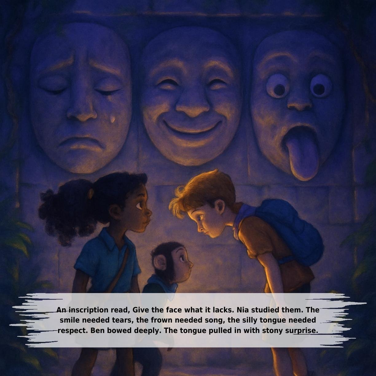 An inscription read, Give the face what it lacks. Nia studied them. The
smile needed tears, the frown needed song, the silly tongue needed
respect. Ben bowed deeply. The tongue pulled in with stony surprise.