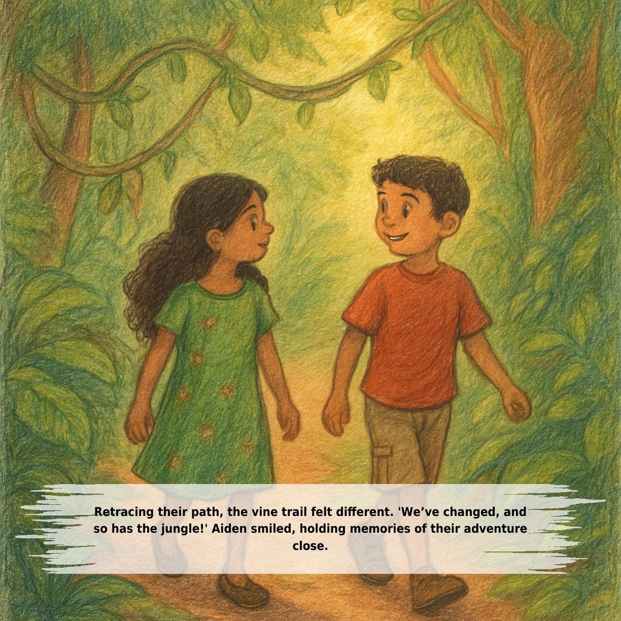 Retracing their path, the vine trail felt different. 'We’ve changed, and
so has the jungle!' Aiden smiled, holding memories of their adventure
close.