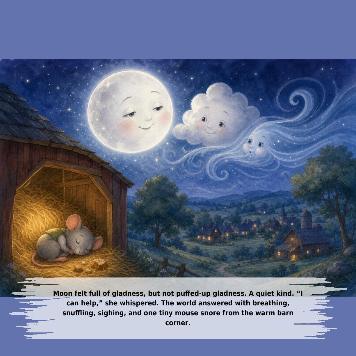 Moon felt full of gladness, but not puffed-up gladness. A quiet kind. “I
can help,” she whispered. The world answered with breathing,
snuffling, sighing, and one tiny mouse snore from the warm barn
corner.