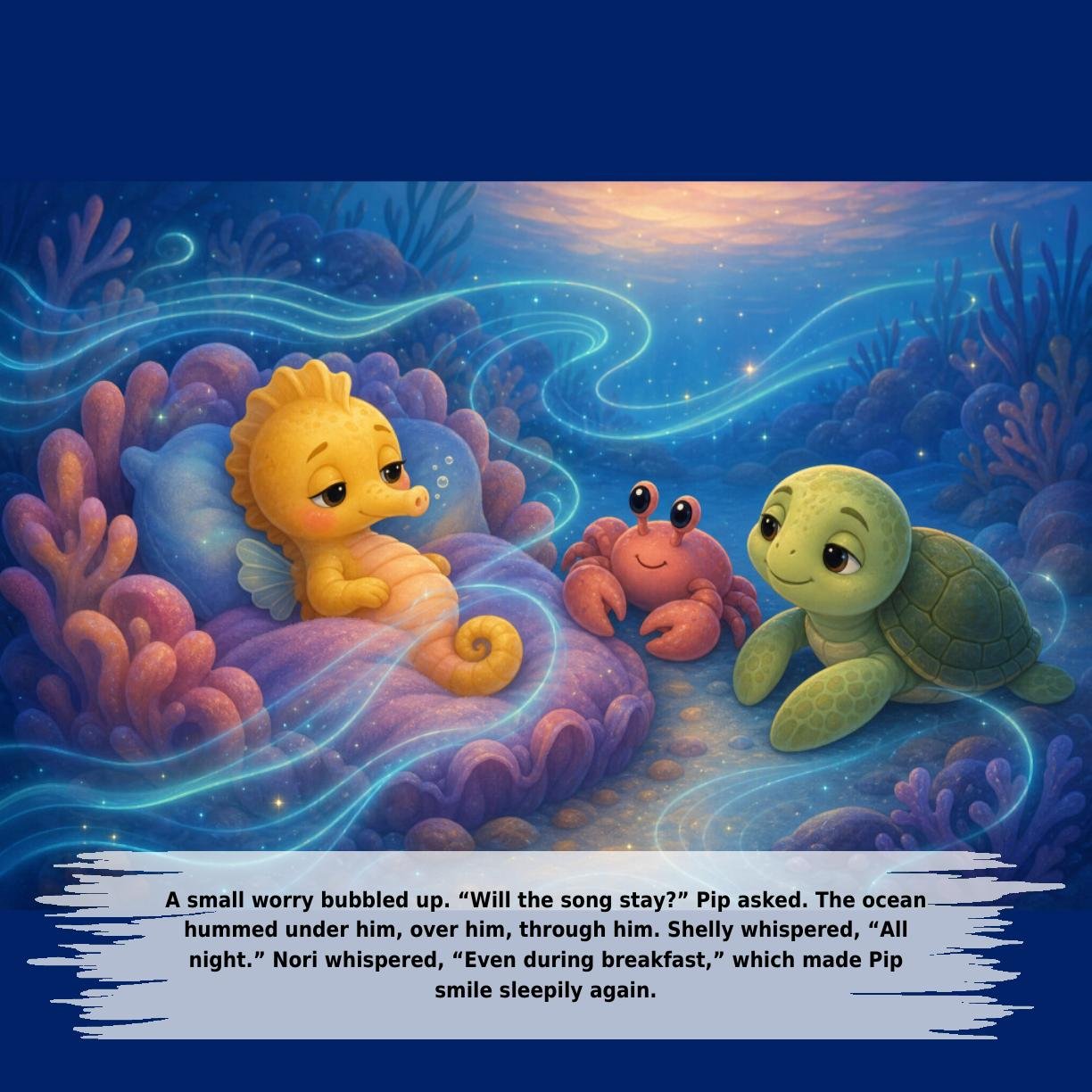 A small worry bubbled up. “Will the song stay?” Pip asked. The ocean
hummed under him, over him, through him. Shelly whispered, “All
night.” Nori whispered, “Even during breakfast,” which made Pip
smile sleepily again.