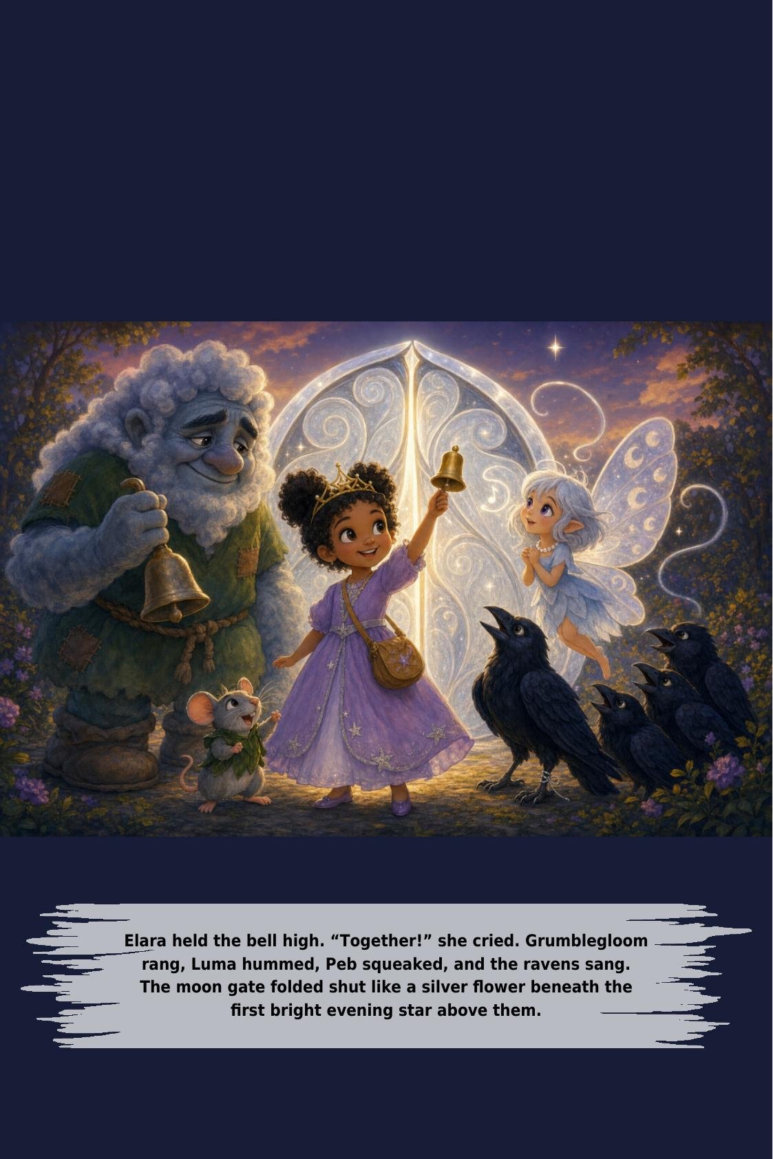Elara held the bell high. “Together!” she cried. Grumblegloom
rang, Luma hummed, Peb squeaked, and the ravens sang.
The moon gate folded shut like a silver flower beneath the
first bright evening star above them.