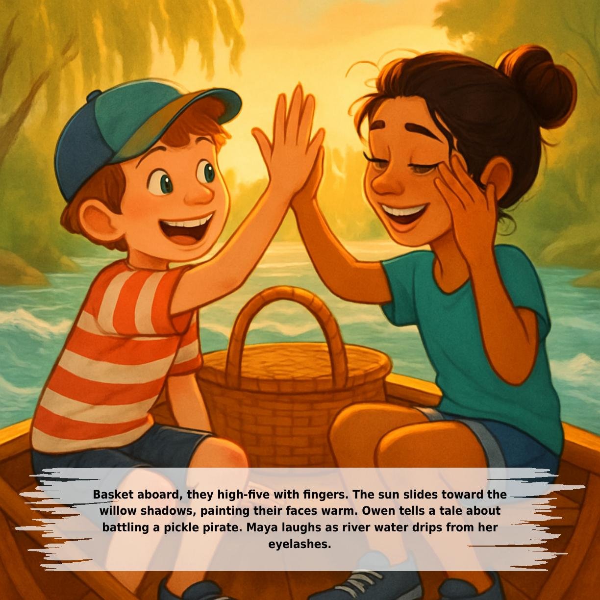 Basket aboard, they high-five with fingers. The sun slides toward the
willow shadows, painting their faces warm. Owen tells a tale about
battling a pickle pirate. Maya laughs as river water drips from her
eyelashes.