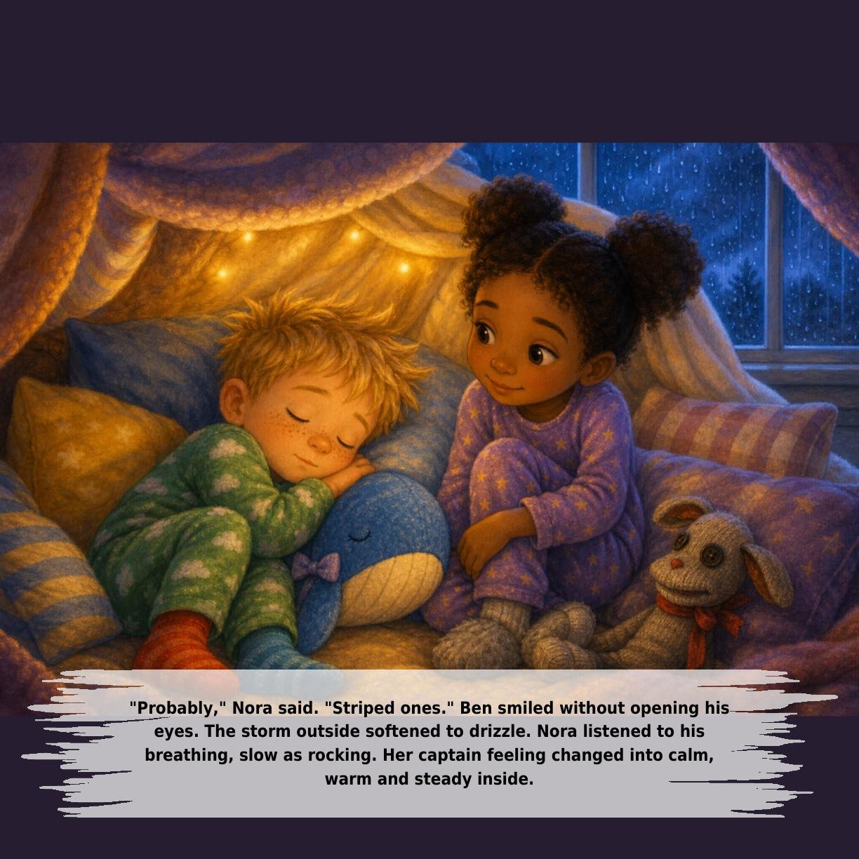 "Probably," Nora said. "Striped ones." Ben smiled without opening his
eyes. The storm outside softened to drizzle. Nora listened to his
breathing, slow as rocking. Her captain feeling changed into calm,
warm and steady inside.