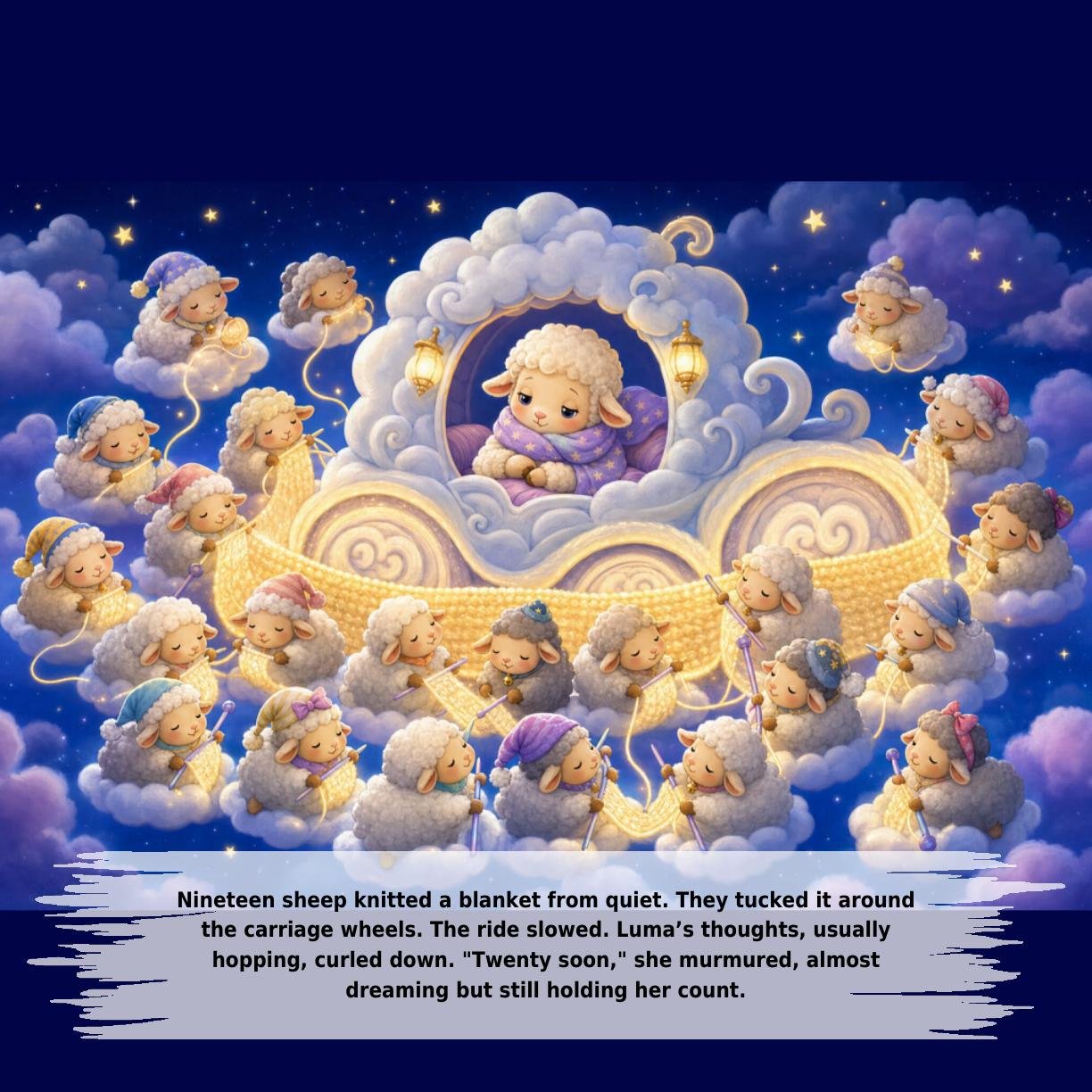 Nineteen sheep knitted a blanket from quiet. They tucked it around
the carriage wheels. The ride slowed. Luma’s thoughts, usually
hopping, curled down. "Twenty soon," she murmured, almost
dreaming but still holding her count.
