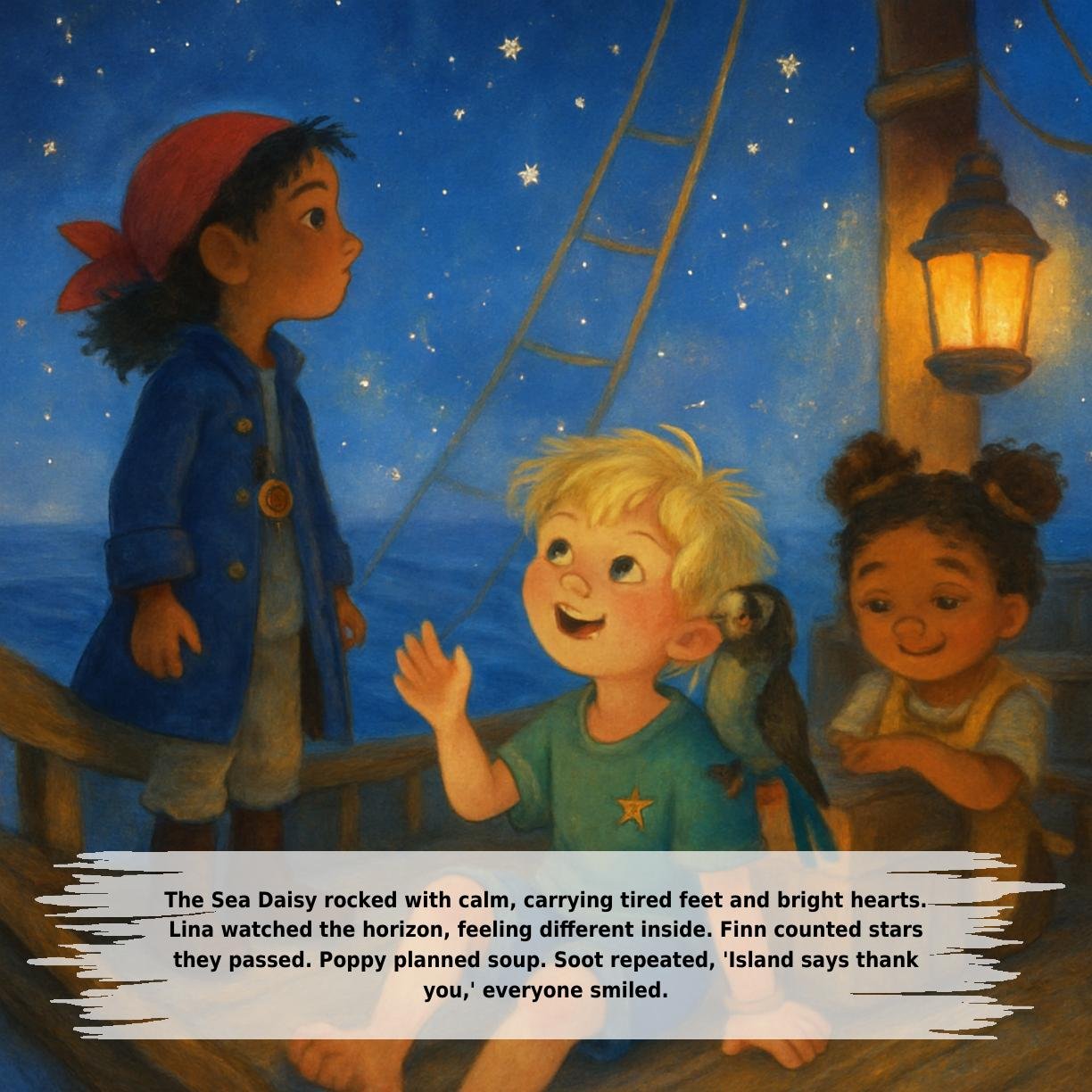 The Sea Daisy rocked with calm, carrying tired feet and bright hearts.
Lina watched the horizon, feeling different inside. Finn counted stars
they passed. Poppy planned soup. Soot repeated, 'Island says thank
you,' everyone smiled.