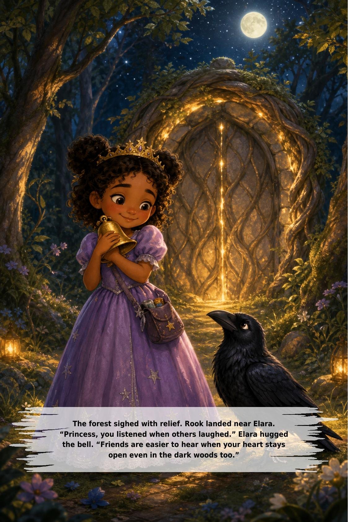 The forest sighed with relief. Rook landed near Elara.
“Princess, you listened when others laughed.” Elara hugged
the bell. “Friends are easier to hear when your heart stays
open even in the dark woods too.”