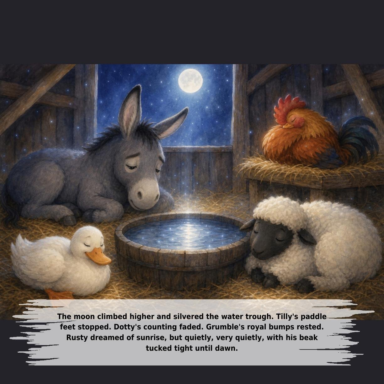 The moon climbed higher and silvered the water trough. Tilly's paddle
feet stopped. Dotty's counting faded. Grumble's royal bumps rested.
Rusty dreamed of sunrise, but quietly, very quietly, with his beak
tucked tight until dawn.