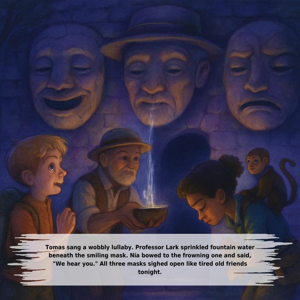 Tomas sang a wobbly lullaby. Professor Lark sprinkled fountain water
beneath the smiling mask. Nia bowed to the frowning one and said,
"We hear you." All three masks sighed open like tired old friends
tonight.